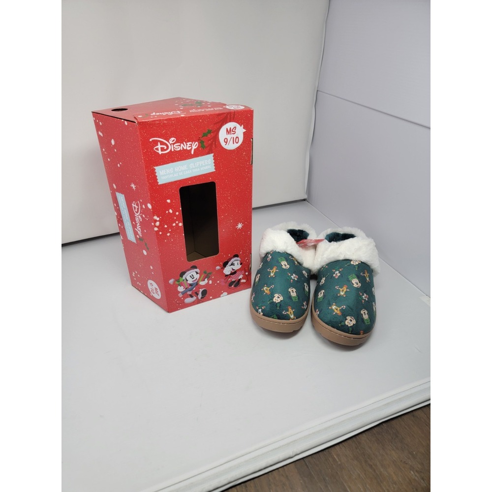 Disney Mens Sz 9/10 Christmas Slippers Green Mickey Goofy Unisex Nwt